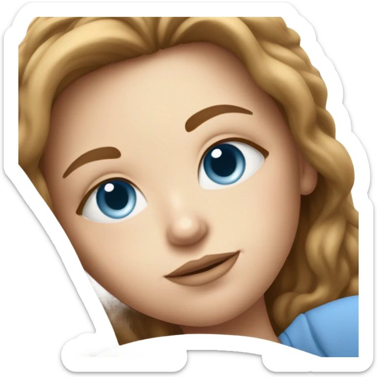 White girl with blue eyes and brown hair laying in bed sticker