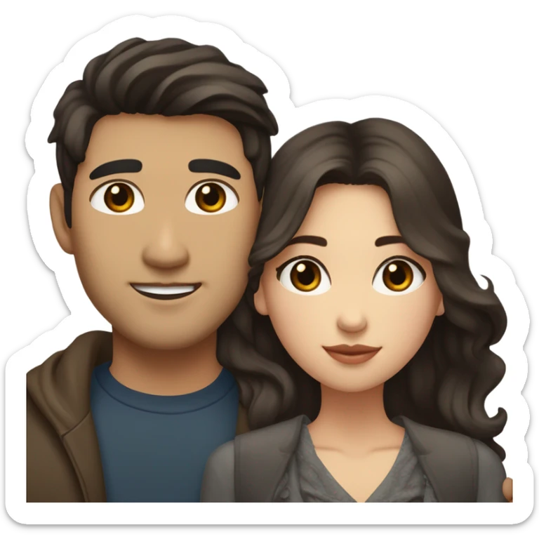 A pale half Asian man with short dark hair and amber eyes embracing and loving a white woman with long wavy brunette hair and dark hazel eyes. They love each other a lot And have good fashion taste and are hugging each other tight  sticker