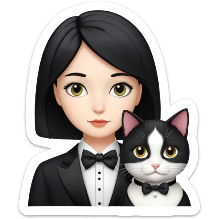 A girl with short black middle parted  hair parted in the middle, fair skin, and a tuxedo cat. sticker