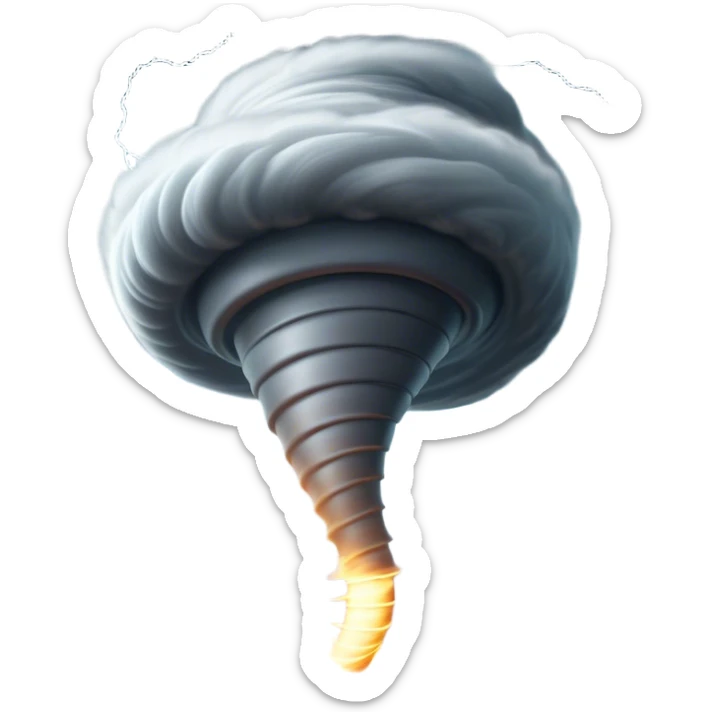 Cinematic Realistic Tornado Emoji, Spiraling fiercely, with dark swirling clouds that twist and stretch downward in a funnel shape. The winds whip up debris as the tornado roars across the landscape, leaving a trail of awe and fear. Soft glowing outline, capturing the essence of wild force and unpredictable power in a mighty tornado! sticker