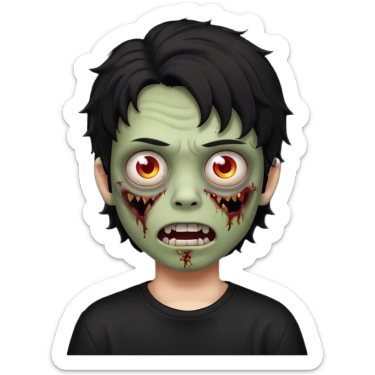 a boy with wavy hair, a zombie-shaped mouth piercing hum, and black hair with a black shirt too sticker