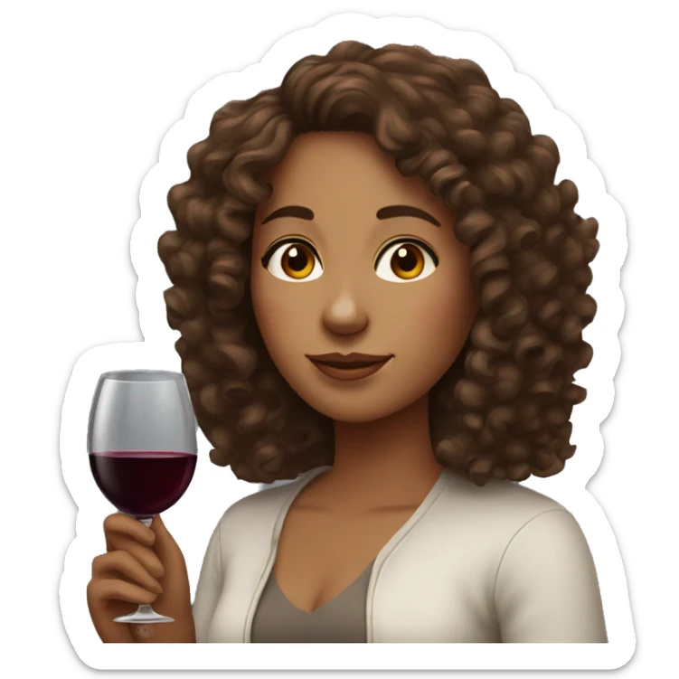 Woman with curly brown hair, brown eyes with a glass of red wine sticker