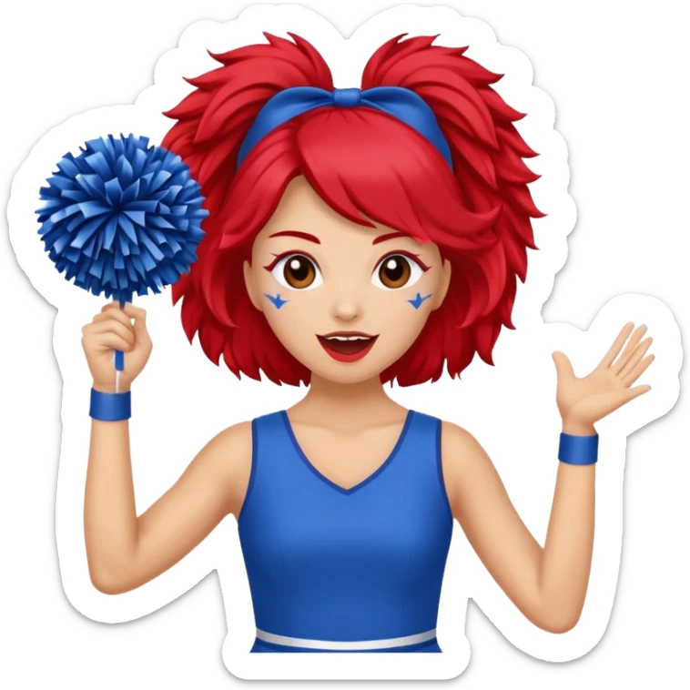 football cheerleader, holding a cheering pom, blue dress and red skin sticker