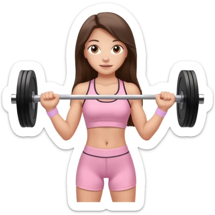 white happy brunette teen long hair with hazel eyes in light pink workout clothes holding a barbell  sticker