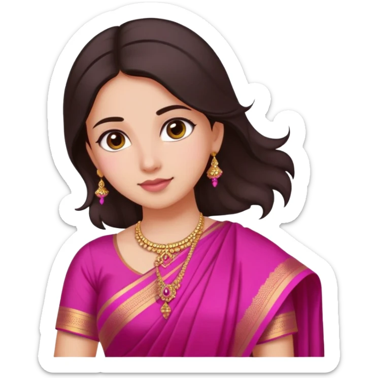 girl with light wheatish skin, dark brown hair, wearing dark pink saree sticker