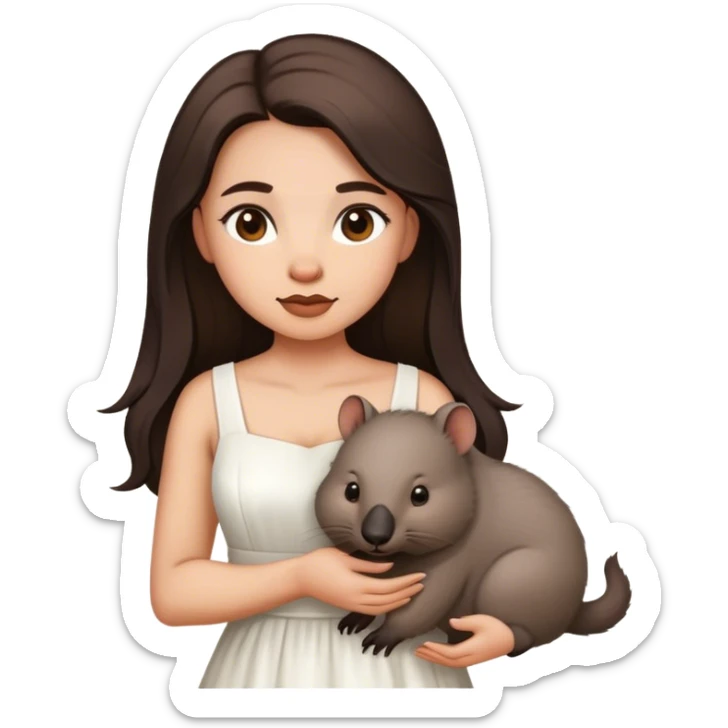 Beautiful woman in 1950’s woman fashion look, white dress, long dark brown hair, wombat sticker