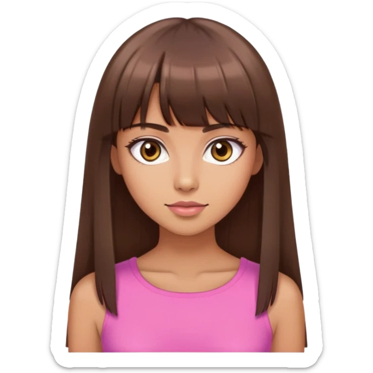 beautiful woman, tan skin, big brown eyes, straight long brown hair, bangs, model, pink top sticker