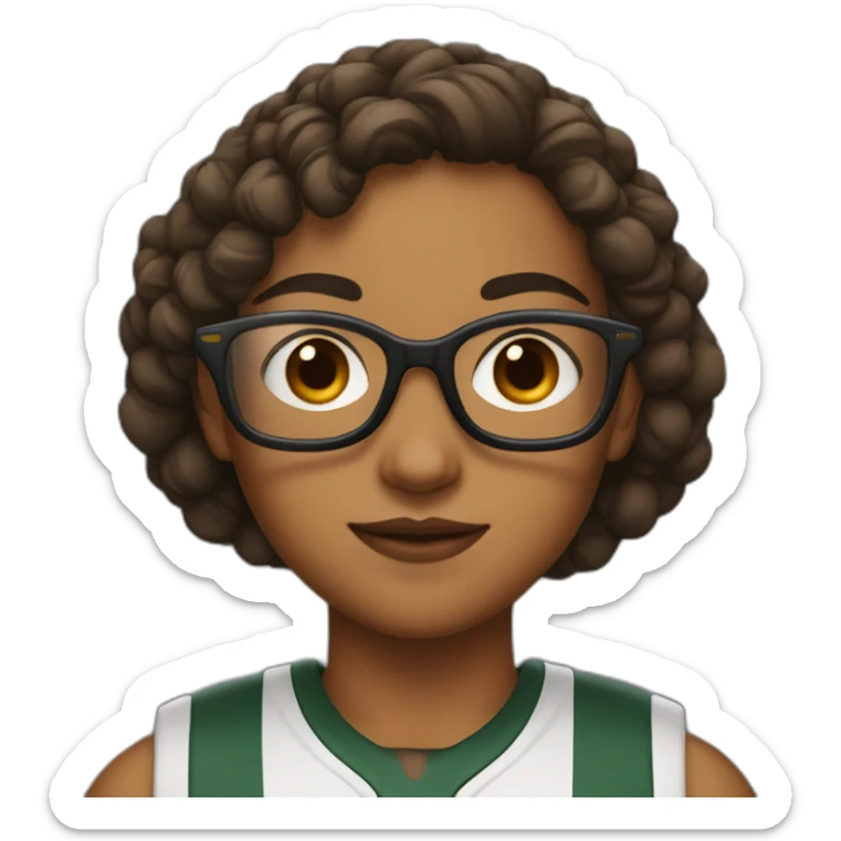 A girl with boyish hair, glasses, a line on her eyebrows, brown eyes, and a basketball player sticker