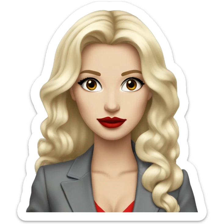 Russian Blonde long hair with big red lips small nose and black eyes Tiffany diamond seller in a grey suit sticker