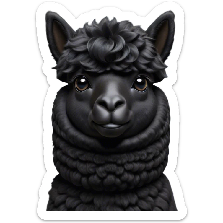 Cinematic Noble Black Alpaca Portrait Emoji, Poised and regal, with a striking, sturdy build and a sleek, well-groomed jet-black fleece, deep-set soulful dark eyes, Simplified yet sharp and sophisticated features, highly detailed, glowing with a soft, dignified glow, high shine, intelligent and mysterious, stylized with an air of elegant austerity, focused and attentive, soft glowing outline, capturing the essence of a watchful and confident companion, so majestic it feels as though it could stride out of the screen with effortless authority! sticker
