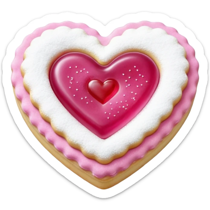 Realistic shortbread cookie in the shape of a heart with pink jelly middle filling and sprinkled powder sugar on top. sticker