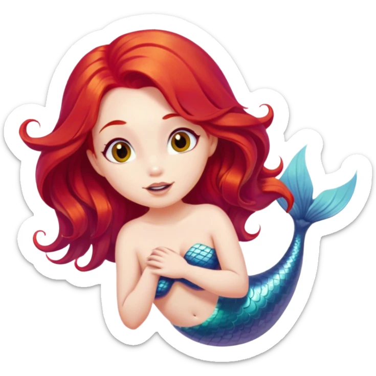 Cinematic Realistic Red Hair Mermaid Portrait, head tilted playfully and inquisitively, showcasing an ethereal form with finely detailed, flowing red hair against luminous porcelain skin. Her bright, curious eyes sparkle like hidden gems beneath the gentle caress of underwater light, rendered with lifelike clarity and warm, filtered illumination—capturing the essence of a spirited mermaid ready to splash playfully into your imagination. sticker