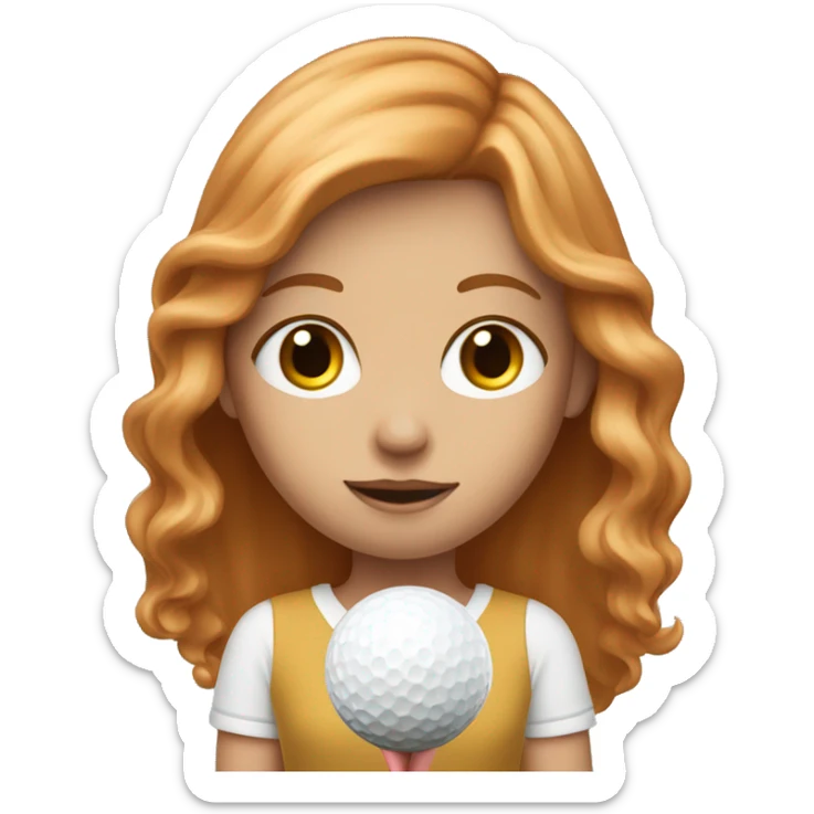 Girl with long dark strawberry blonde hair holding a golf ball sticker