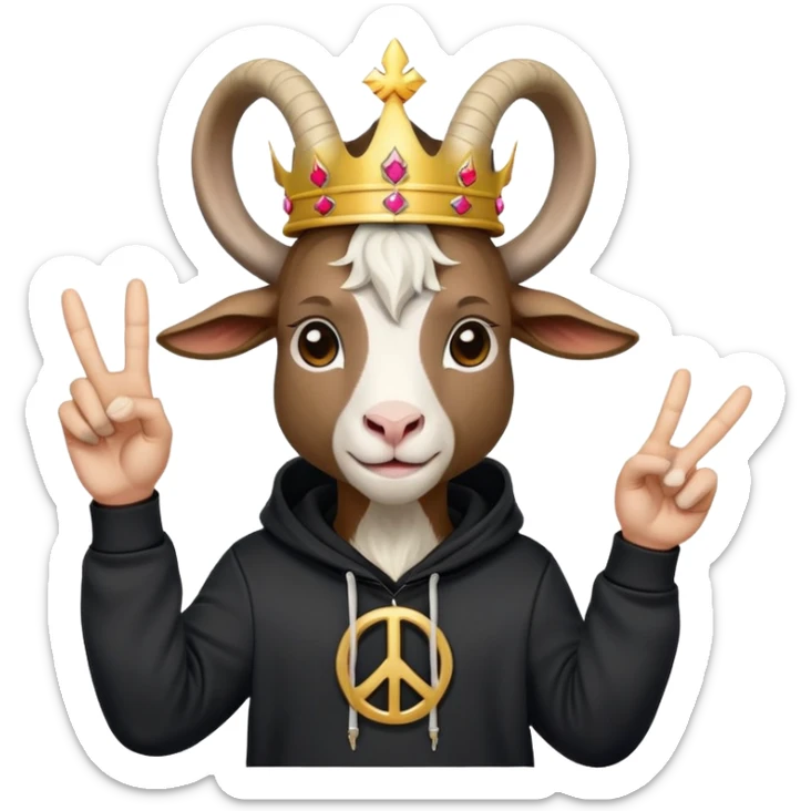 Goat with horns wearing black hoodie and a royal crown do the peace sign sticker