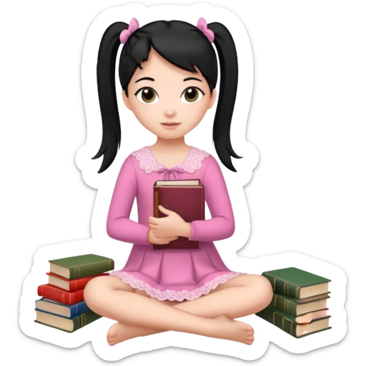 A beautiful girl, wearing a pink lace dress, her long straight black hair is tied in two ponytails, she holds books and crayons in her hands, her feet are bare, sitting on the floor with her legs crossed. sticker