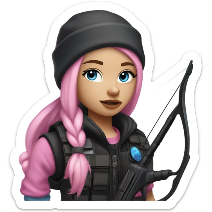 girl, white skin, tactical vest, dark pants, long pink hair, blue eyes, black beanie hat with crescent moon on front, black combat boots, bow and arrow sticker