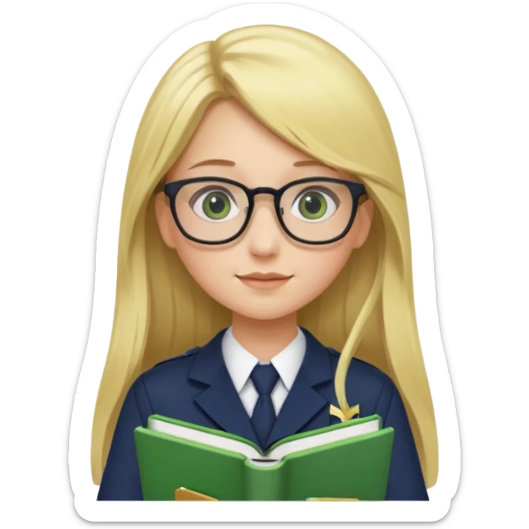 Girl student wearing uniform, glasses, hold green book in front of their chest, blonde long straight hair, white skin sticker