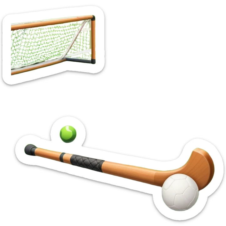 A field hockey stick and ball resting on a well-maintained green grass field, with the goalposts and markings visible in the background. The scene highlights the precision and focus of the sport, with the vibrant green pitch creating a dynamic atmosphere. sticker