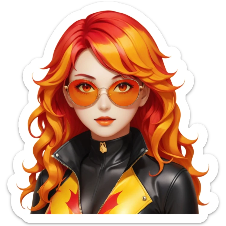 Beautiful gorgeous anime lady with beautiful fiery long warm-red-orange-yellow-gradient-wavy-special-hair, fashion aesthetic, slim red-tinted-sunglasses, accessories, gold jewelries, red-and-yellow sunny-pattern-eyes, black latex-suit, biker-woman, cool, badasa sticker