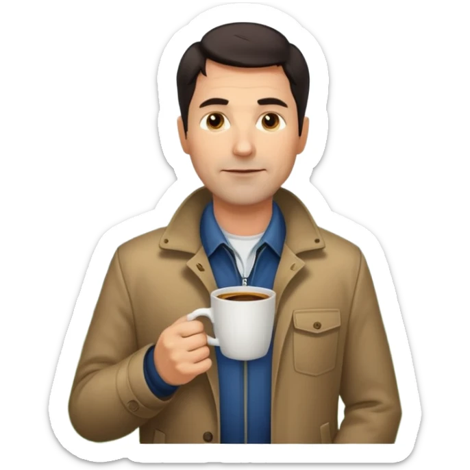 A handsome 45 year old white man with dark hair in a very foggy park drinking a cup of coffee sticker
