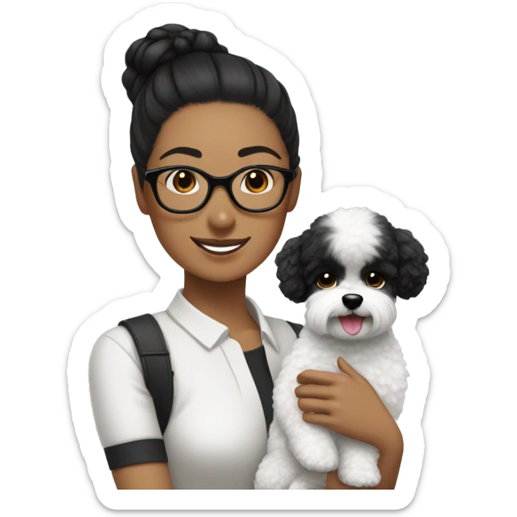 woman-black hair-bun-with glasses-with black bichon dog-white-smile sticker