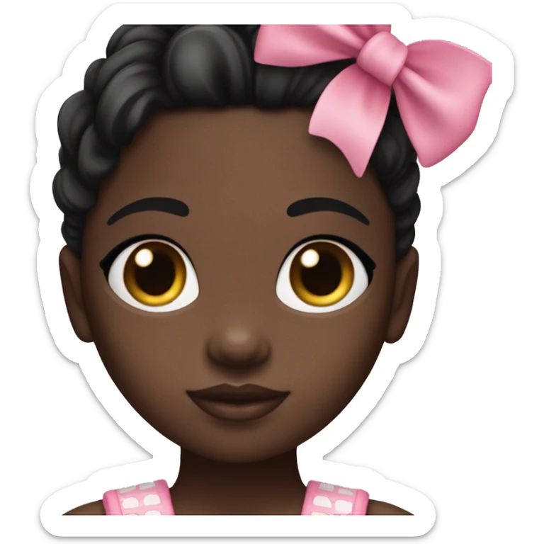 darkskin doll with pink bows and black straight hair and a cropped bandu top and dark brown eyes  sticker