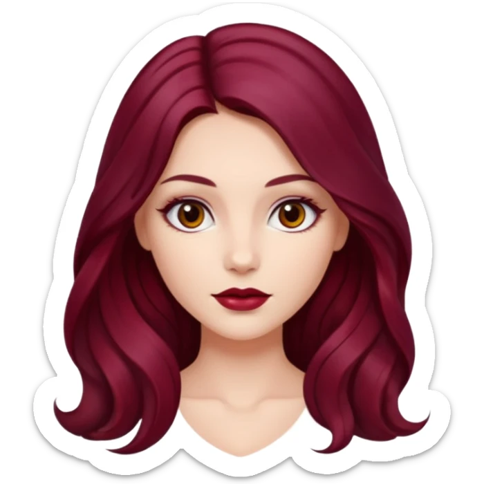 Draw a young glamorous woman with LONG dark burgandy cherry hair in a MIDDLE PART styled slightly wavy sticker
