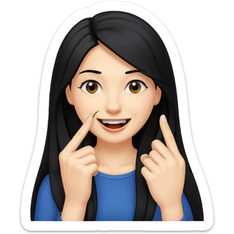 Haz una imagen de una mujer con cabello negro largo , con una sonrisa en su cara y la punta de su dedo indice mordido entre sus dientes sticker
