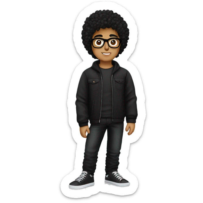 persian boy with curly black hair and glasses and black t-shirt and black puffer west with black jeans and white sneakers sticker