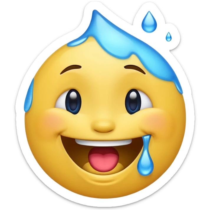 Emoji, yellow round laughing hysterically face, with blue tears of joy on it.  sticker