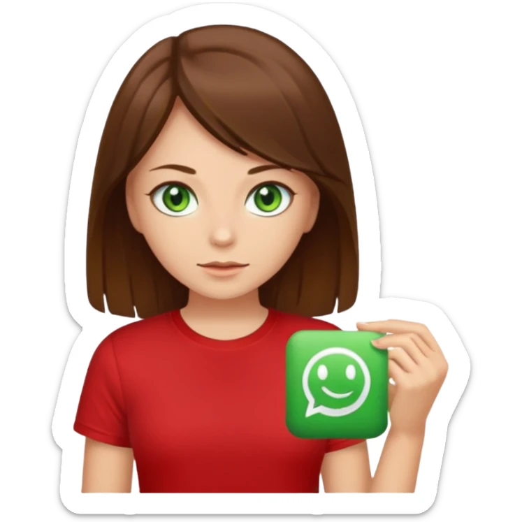 a girl with brown strait hair and has green eyes has a red t-shirt  sticker