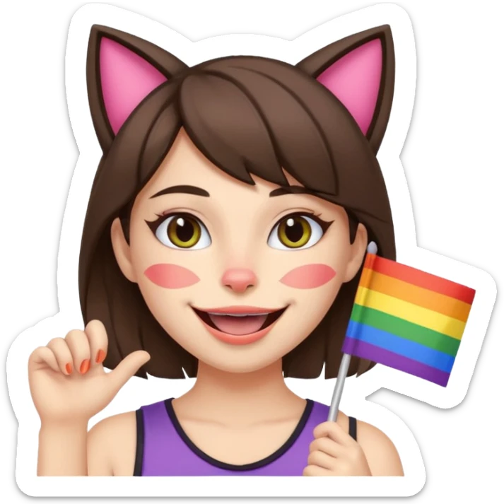 brunette girl with cat ears and doing cat pose with gay flag in mouth sticker