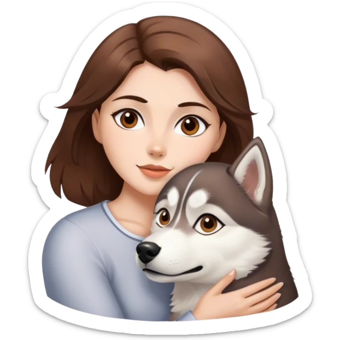 chica de piel blanca con el pelo castaño ojos marrones abrazando a husky ojos marrones  sticker