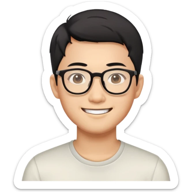 Asian man with short black hair, glasses, friendly smile, Josh Lim character sticker