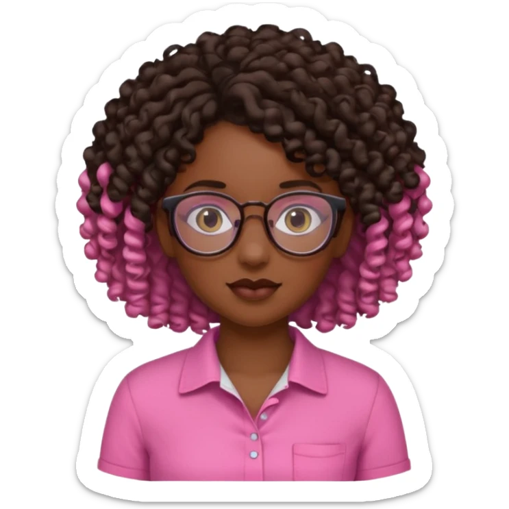 Black girl with curly hair with glasses wearing a pink shirt that’s cut on the side  sticker