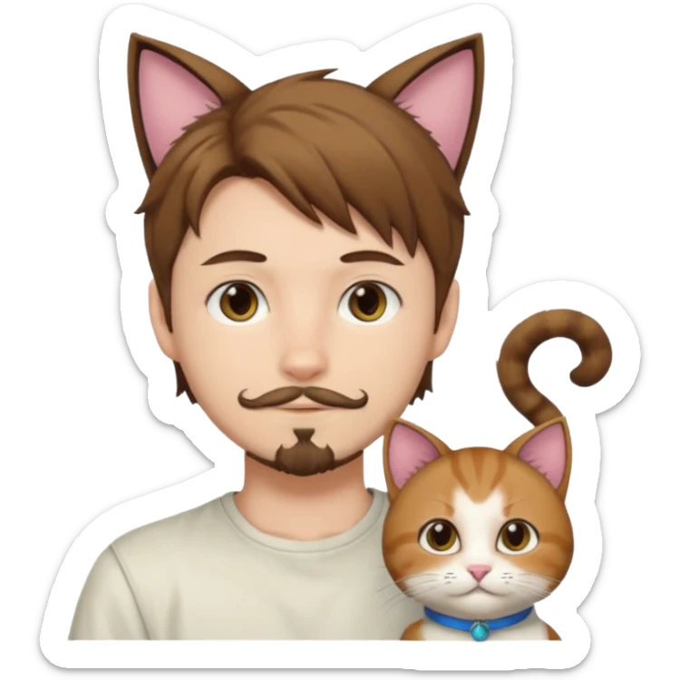 white boy with cat tail with goatee hair and cat ears with brown hair and anime features sticker