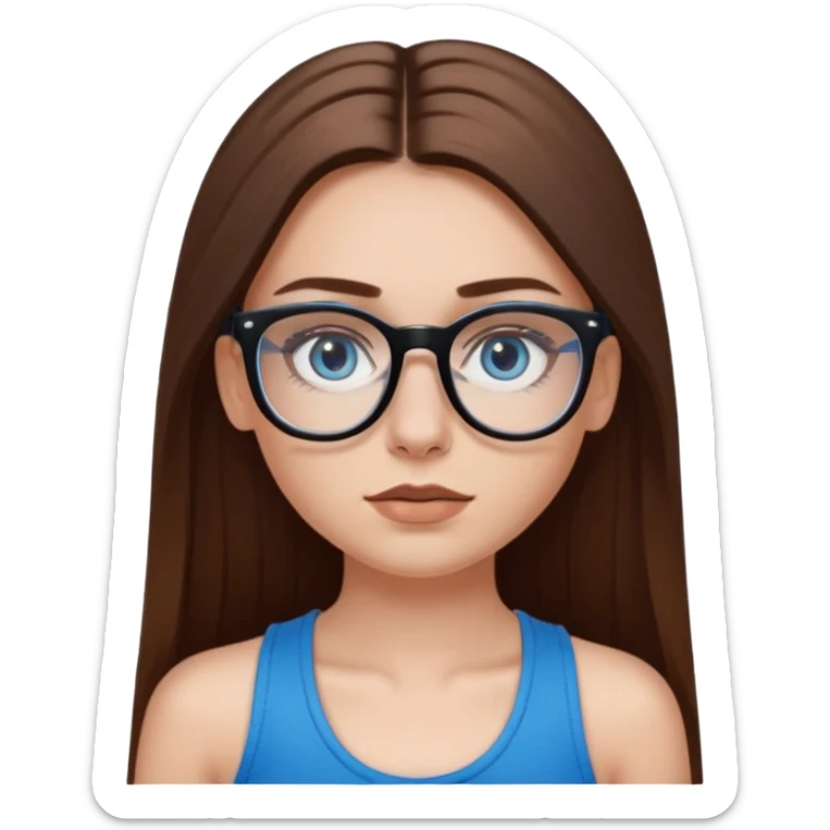 White girl with long straight brown hair and blue eyes wearing plastic frame glasses that go from black to clear ombré from top to bottom. Stud nose piercing on right side of nose and a septum piercing (the ring on bottom of nose). Wearing black tank top. sticker