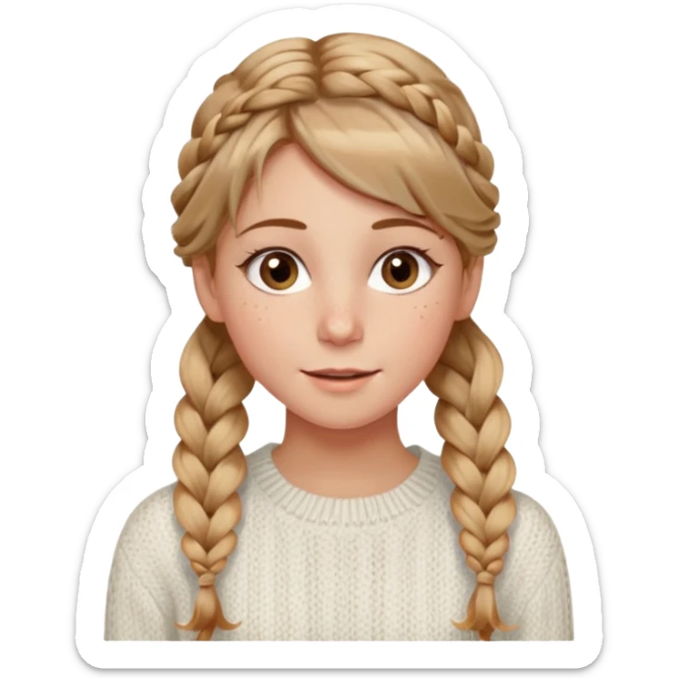 light brown hair blonde hair hazel eyes woman with a white cable knit sweater thatand one braid down her back  with tendrils of hair flowing down her face and she is happy pale, some freckles, blush. she has a cateye wing and long lashes sticker