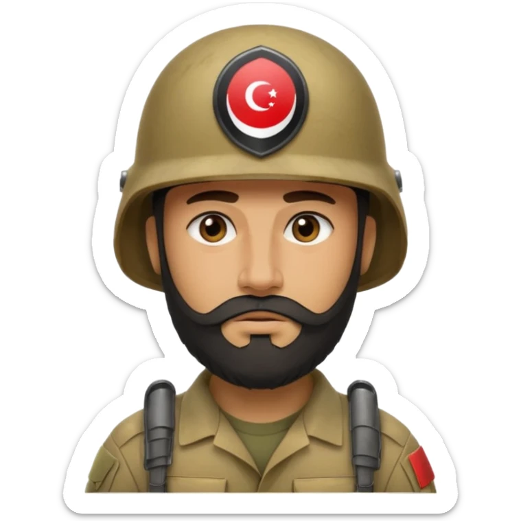 very tired, swarthy, Iraqi soldier in a helmet, helmet without insignia, with a beard sticker