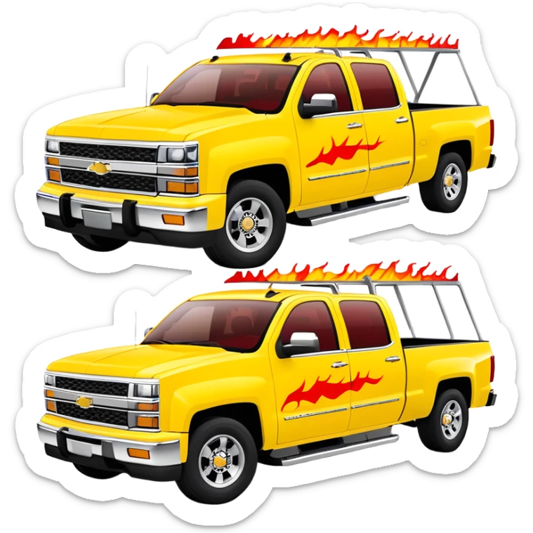 Yellow Chevrolet C-2500 Crew Cab with movie-accurate red flame vinyl graphic on the hood, exactly like the Kill Bill 'Pussy Wagon', 30-degree view, iOS emoji style sticker