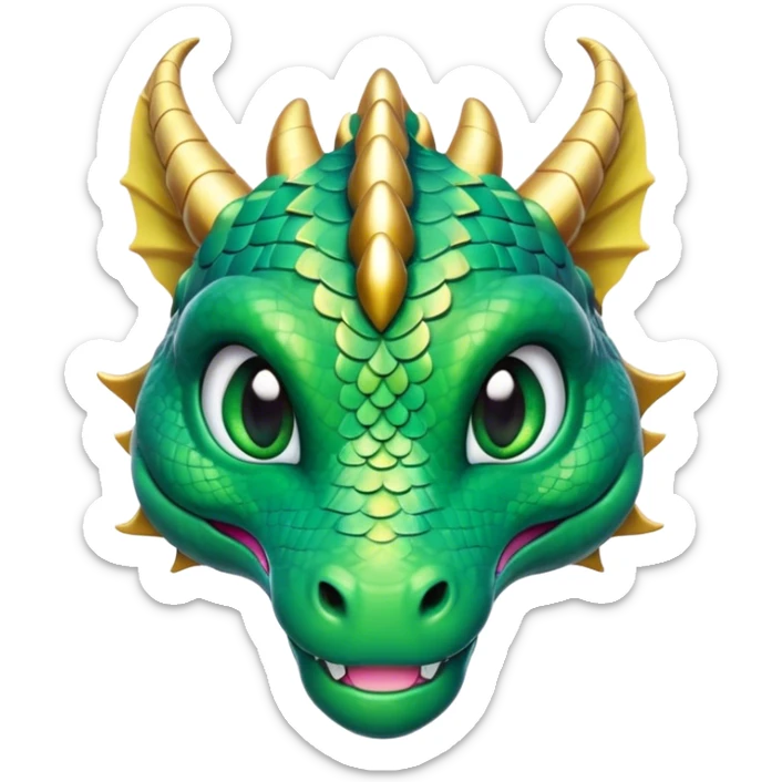 Cinematic Cute Dragon Portrait Emoji, Head tilted playfully and inquisitively, featuring a sleek, serpentine form adorned with iridescent scales that shift between emerald and gold, a delicate set of subtle horns, and round, sparkling eyes full of curious magic; rendered with realistic detail and warm natural light, high shine, affectionate and enchanting, styled with a touch of whimsical fantasy, soft glowing outline, capturing the essence of a mischievous yet lovable dragon that seems poised to slither playfully into your arms! sticker