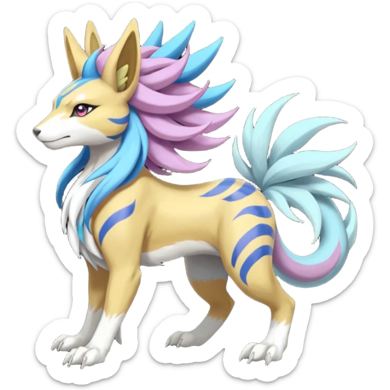 Colorful Skilled Adept Graceful Asian Painted WereGarurumon-Suicune-Linoone-Meloetta-Renamon-fusion-hybrid-creature (full body) sticker