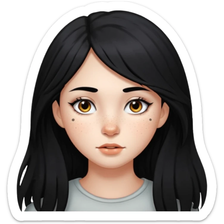 Girl with long wolf cut black hair freckles on her cheeks and have black eyes sticker