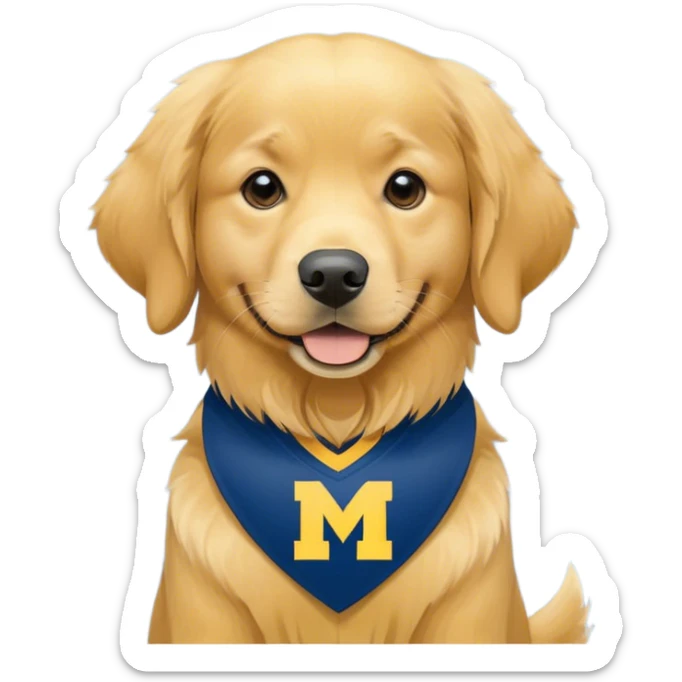 Golden retriever wearing Michigan jersey 22 blue and maize sticker