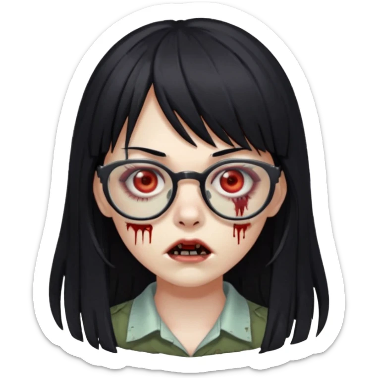 zombie girl who has long black hair, bangs and glasses with cuts under both of her eyes sticker