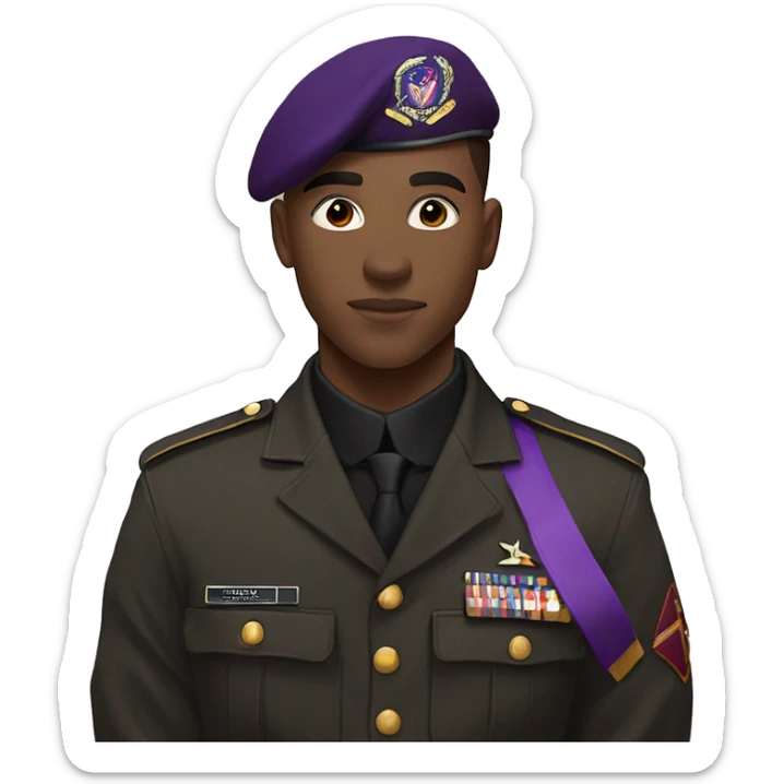 Young man, 19 years old, in black military uniform, with purple insignia. On the left of the uniform it says KDS sticker
