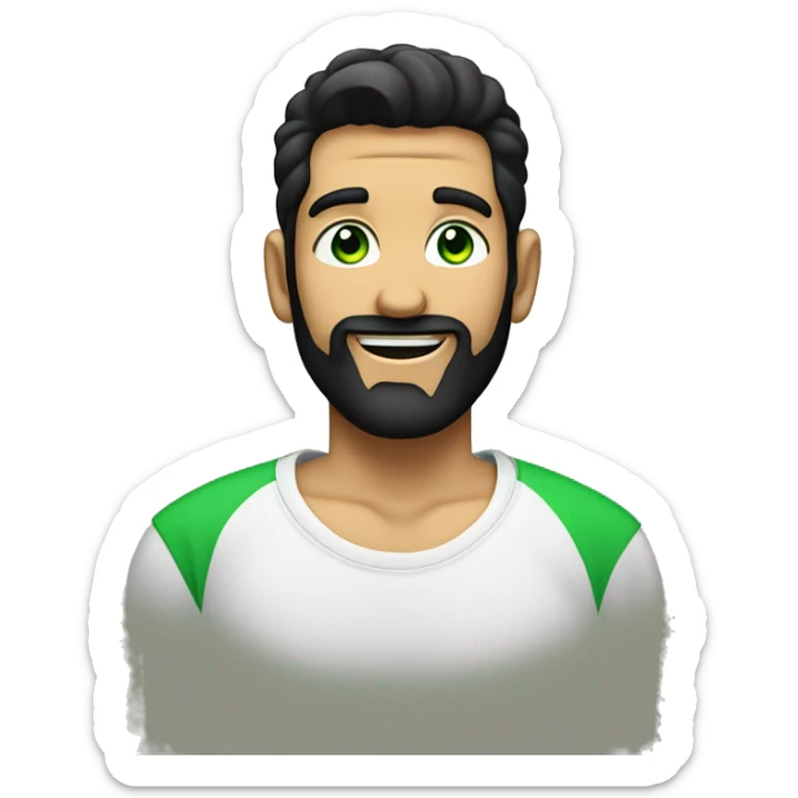 Slick back black hair, short bearded man with green eyes laughin, muskular in a black t sh sticker