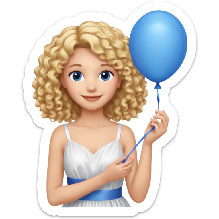Woman curly long blonde with blue balloon, white dress sticker