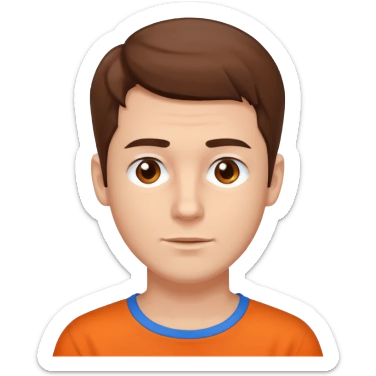 male, white skin, brown hair, brown eyes, orange shirt and blue collarbone sticker