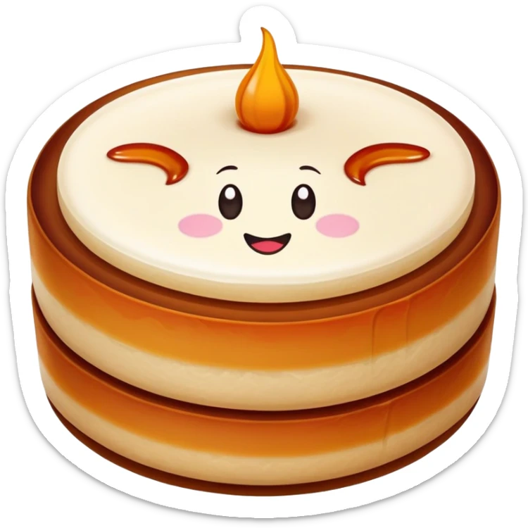 Nian Gao sticky rice cake with brown caramelized color, simplified emoji style with bold outlines and bright colors, cartoon style New Year sweet sticker